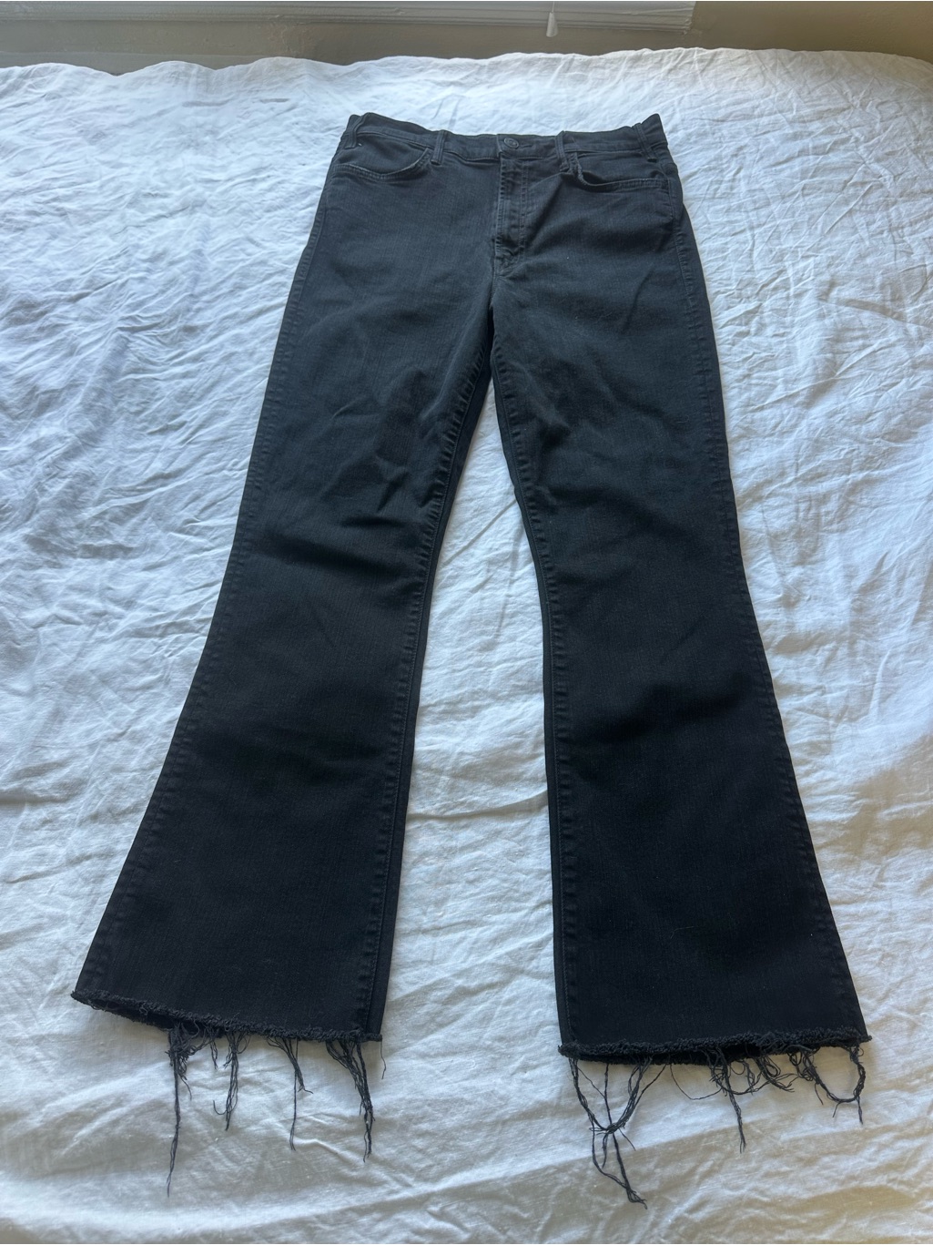 Mother Black Flared Jeans With Frayed Hem